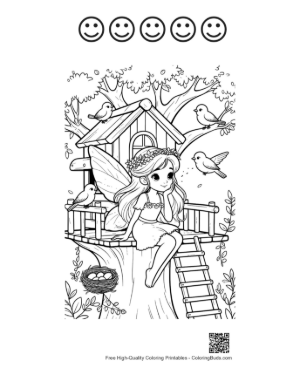 Thumbnail: Cute Fairy in Her Cozy Garden Cottage Printable and 5 Happy Face Outline