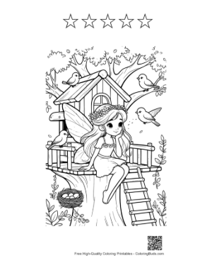 Thumbnail: Cute Fairy in Her Cozy Garden Cottage Printable and 5 Star Outline