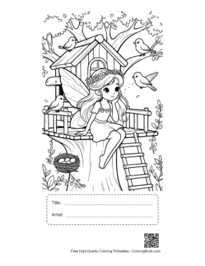 Thumbnail: Cute Fairy in Her Cozy Garden Cottage Printable with Title and Artist Box
