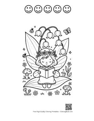 Thumbnail: Cute Flower Fairy Reading a Book in the Garden Printable and 5 Happy Face Outline