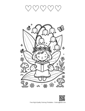 Thumbnail: Cute Flower Fairy Reading a Book in the Garden Printable and 5 Heart Outline