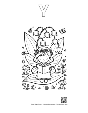 Thumbnail: Cute Flower Fairy Reading a Book in the Garden Printable Outline Alphabet Y