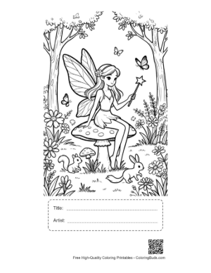 Thumbnail: Cute Garden Fairy Coloring Page Printable with Title and Artist Box