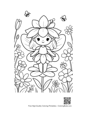 Thumbnail: Flower-Themed Fairy Girl for Kids Coloring Printable