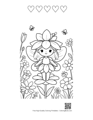 Thumbnail: Flower-Themed Fairy Girl for Kids Coloring Printable and 5 Heart Outline