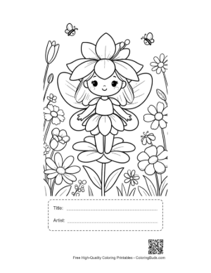 Thumbnail: Flower-Themed Fairy Girl for Kids Coloring Printable with Title and Artist Box