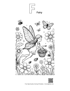 Thumbnail: Flying Flower Fairy with a Basket of Petals Printable Outline Alphabet F Fairy