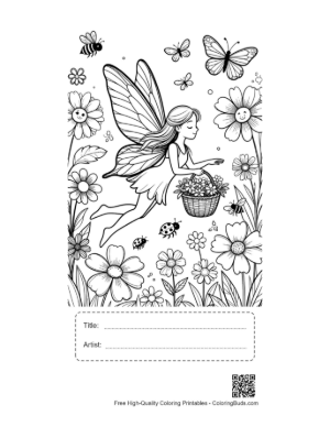 Thumbnail: Flying Flower Fairy with a Basket of Petals Printable with Title and Artist Box