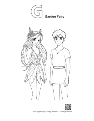 Thumbnail: Garden Fairy and Elf Boy Coloring Page Printable Outline Alphabet G Garden Fairy