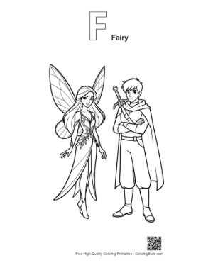 Thumbnail: Garden Fairy and Knight Line Art Printable Outline Alphabet F Fairy