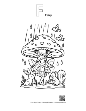 Thumbnail: Garden Fairy Sheltering Bunnies Under a Mushroom Printable Outline Alphabet F Fairy