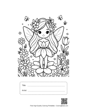 Thumbnail: Lovely Spring Fairy Near a Sunflower Printable with Title and Artist Box