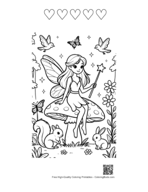 Thumbnail: Whimsical Fairy Playing with Woodland Bunnies Printable and 5 Heart Outline