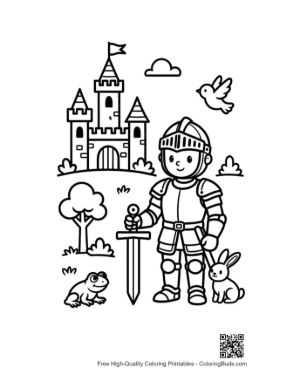 Thumbnail: Adorable Knight Hero with a Shield and Castle Background Printable