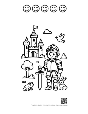 Thumbnail: Adorable Knight Hero with a Shield and Castle Background Printable and 5 Happy Face Outline