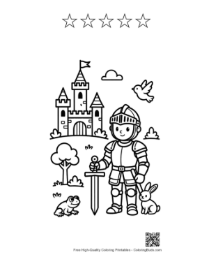 Thumbnail: Adorable Knight Hero with a Shield and Castle Background Printable and 5 Star Outline