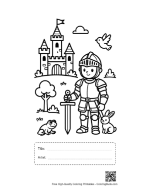 Thumbnail: Adorable Knight Hero with a Shield and Castle Background Printable with Title and Artist Box