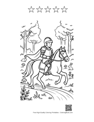 Thumbnail: Brave Knight on a Stallion Riding Past Forest Trees Printable and 5 Star Outline