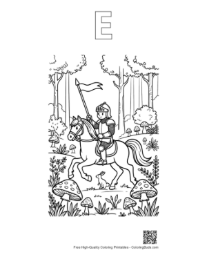 Thumbnail: Galloping Knight on a Horse in a Magical Woods Setting Printable Outline Alphabet E