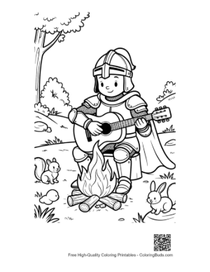 Thumbnail: Happy Knight Playing Music by the Forest Campfire Printable