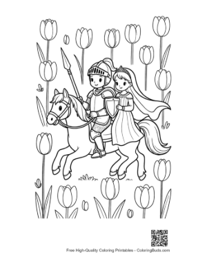 Thumbnail: Little Knight and Princess Riding a Pony in a Flower Field Printable