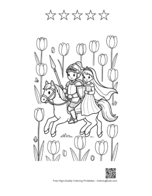 Thumbnail: Little Knight and Princess Riding a Pony in a Flower Field Printable and 5 Star Outline