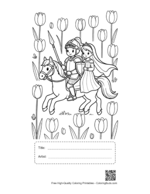 Thumbnail: Little Knight and Princess Riding a Pony in a Flower Field Printable with Title and Artist Box