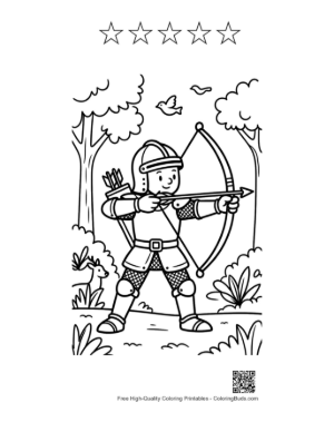 Thumbnail: Medieval Boy Archer Practicing Archery in the Woods Printable and 5 Star Outline