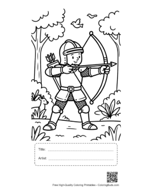 Thumbnail: Medieval Boy Archer Practicing Archery in the Woods Printable with Title and Artist Box