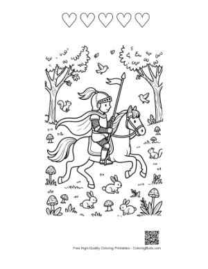 Thumbnail: Medieval Knight on Horseback Traveling in the Countryside Printable and 5 Heart Outline