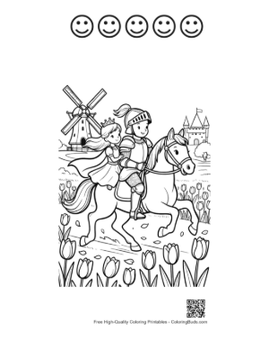 Thumbnail: Noble Knight on a Decorated Horse in a Flower Field Printable and 5 Happy Face Outline
