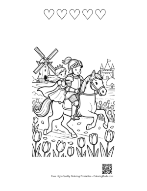Thumbnail: Noble Knight on a Decorated Horse in a Flower Field Printable and 5 Heart Outline