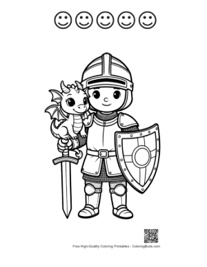 Thumbnail: Protective Knight Standing with His Little Dragon Companion Printable and 5 Happy Face Outline