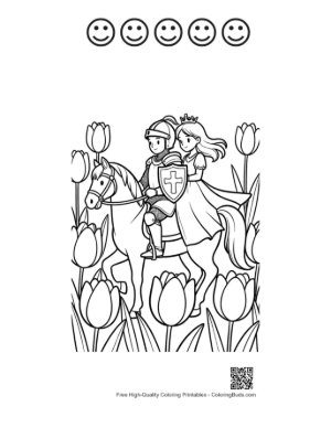 Thumbnail: Romantic Knight and Princess Riding a Stallion Among Flowers Printable and 5 Happy Face Outline