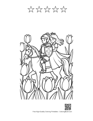 Thumbnail: Romantic Knight and Princess Riding a Stallion Among Flowers Printable and 5 Star Outline