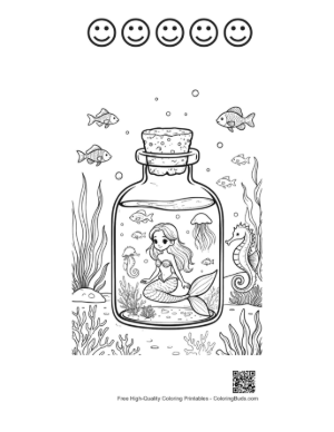 Thumbnail: Adorable Mermaid Princess Living in a Sea-Themed Glass Bottle Printable and 5 Happy Face Outline