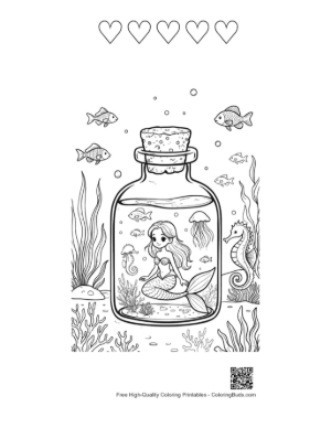 Thumbnail: Adorable Mermaid Princess Living in a Sea-Themed Glass Bottle Printable and 5 Heart Outline