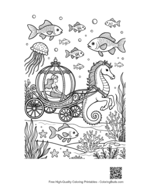 Thumbnail: Beautiful Mermaid Princess in an Ocean Carriage Pulled by a Seahorse Printable