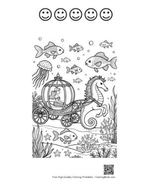 Thumbnail: Beautiful Mermaid Princess in an Ocean Carriage Pulled by a Seahorse Printable and 5 Happy Face Outline