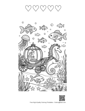 Thumbnail: Beautiful Mermaid Princess in an Ocean Carriage Pulled by a Seahorse Printable and 5 Heart Outline