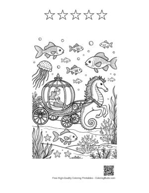 Thumbnail: Beautiful Mermaid Princess in an Ocean Carriage Pulled by a Seahorse Printable and 5 Star Outline