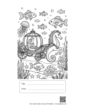 Thumbnail: Beautiful Mermaid Princess in an Ocean Carriage Pulled by a Seahorse Printable with Title and Artist Box