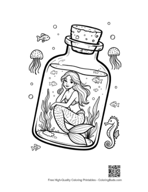 Thumbnail: Beautiful Mermaid Princess Sitting Within a Decorative Sea Jar Printable