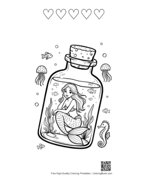 Thumbnail: Beautiful Mermaid Princess Sitting Within a Decorative Sea Jar Printable and 5 Heart Outline