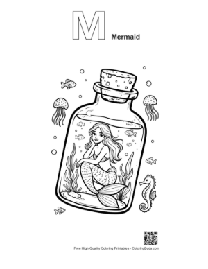 Thumbnail: Beautiful Mermaid Princess Sitting Within a Decorative Sea Jar Printable Outline Alphabet M Mermaid