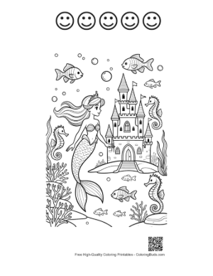 Thumbnail: Beautiful Mermaid Sitting by a Royal Ocean Palace Printable and 5 Happy Face Outline