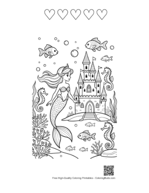 Thumbnail: Beautiful Mermaid Sitting by a Royal Ocean Palace Printable and 5 Heart Outline