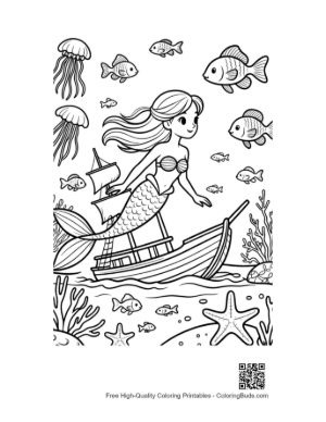 Thumbnail: Cute Mermaid Princess Swimming Beside an Old Treasure Ship Printable