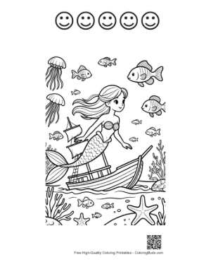 Thumbnail: Cute Mermaid Princess Swimming Beside an Old Treasure Ship Printable and 5 Happy Face Outline