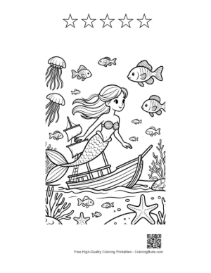 Thumbnail: Cute Mermaid Princess Swimming Beside an Old Treasure Ship Printable and 5 Star Outline